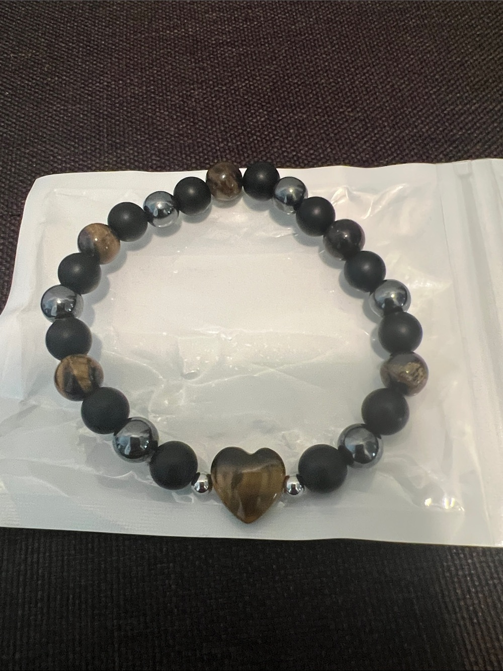#2425**Heart Accent Black and Brown Beaded Stretch Bracelet - Picture 3 of 17